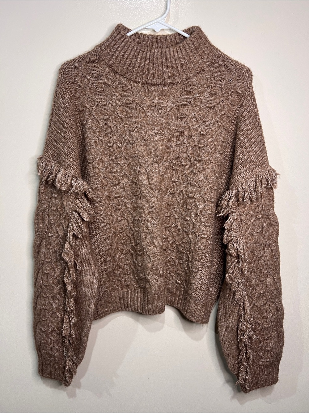 ANA Womens XL Cable Knit Fringe Sleeve Sweater Brown Mock Neck Boho NWT